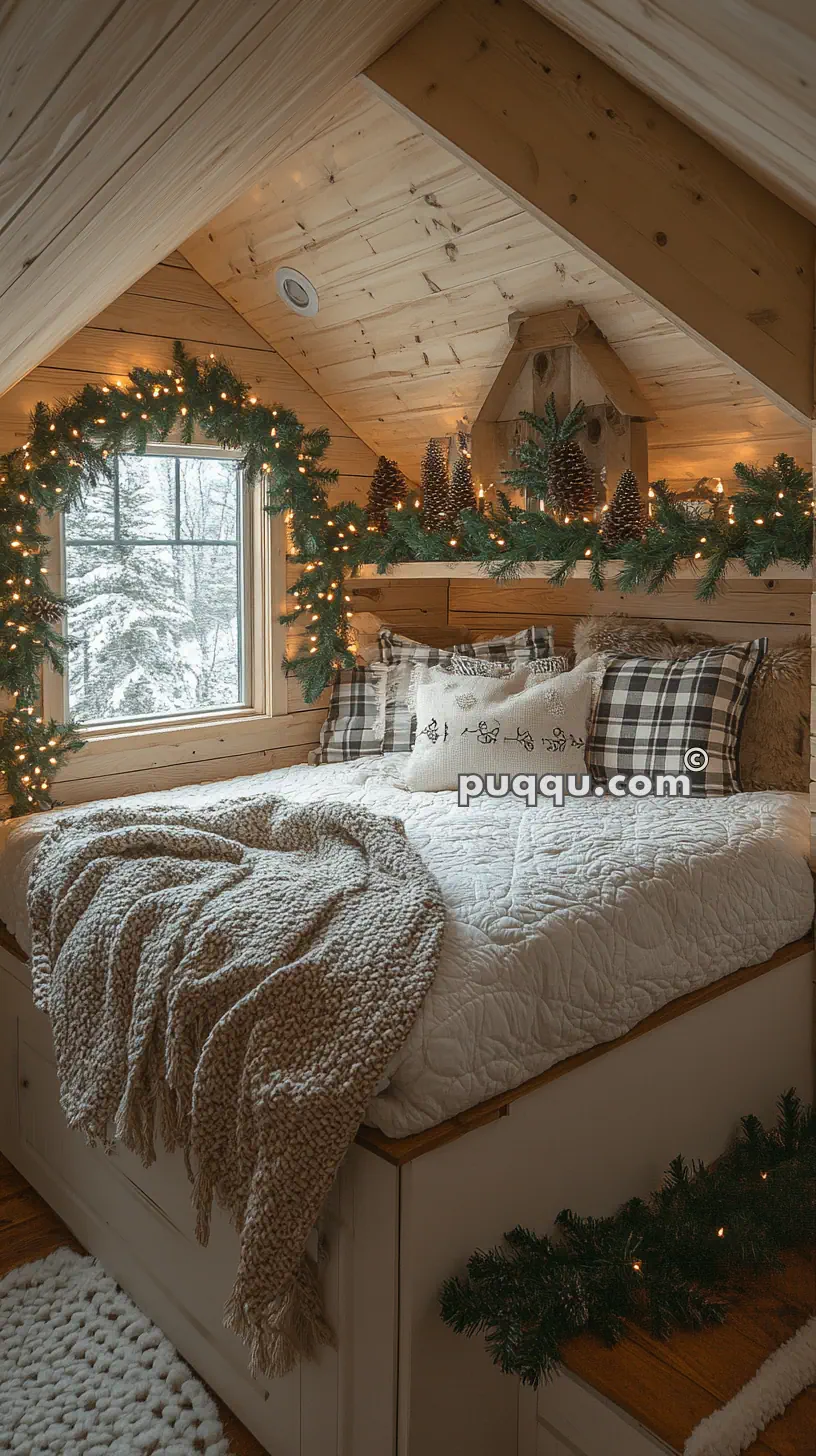 Cozy attic bedroom with wooden paneling, a bed adorned with plaid and winter-themed pillows, a knitted blanket, and festive garlands with lights and pine cones, overlooking a snowy outdoor scene through a window.