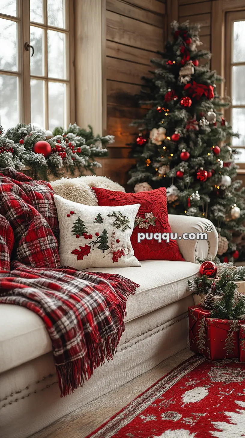 Cozy Christmas-themed living room with a decorated tree, festive pillows, and a plaid blanket on a sofa.