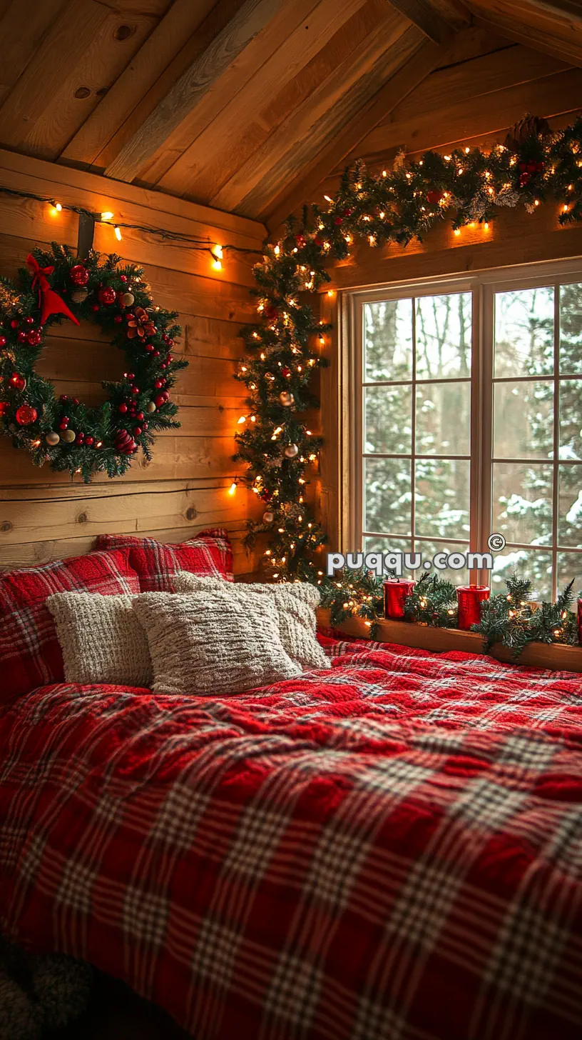 Cozy Christmas-themed bedroom with red plaid bedding, holiday wreaths, string lights, and a snowy window view.