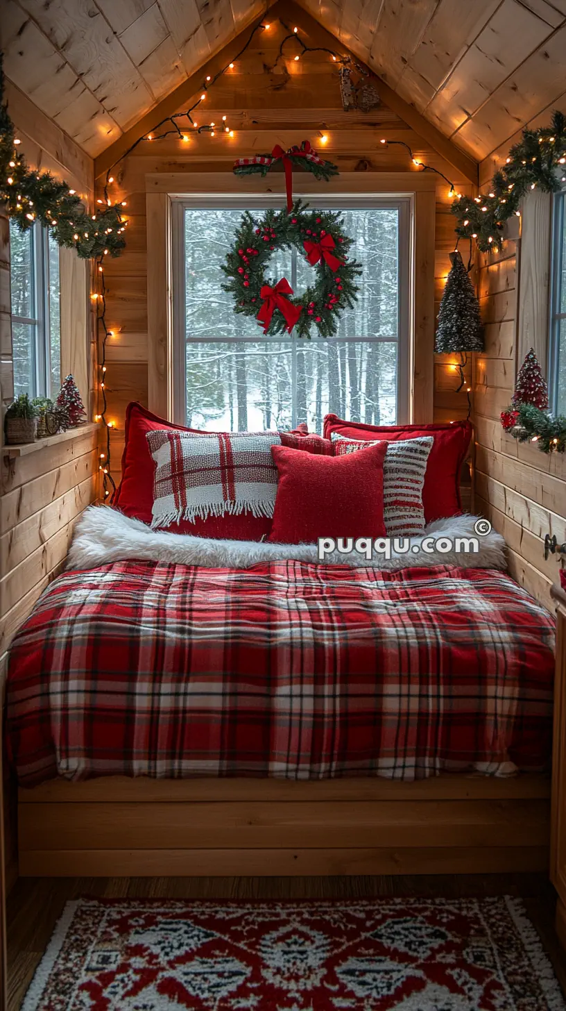 Cozy wooden nook decorated for Christmas with a bed featuring red plaid bedding, festive throw pillows, a wreath on the window, string lights, and small decorative trees.