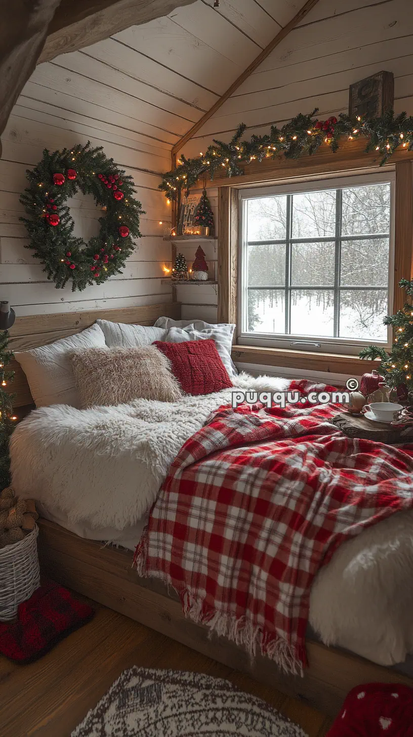 Cozy bedroom with holiday decorations, including a large wreath, string lights, and a red plaid blanket on the bed. A snowy view is visible through the window.