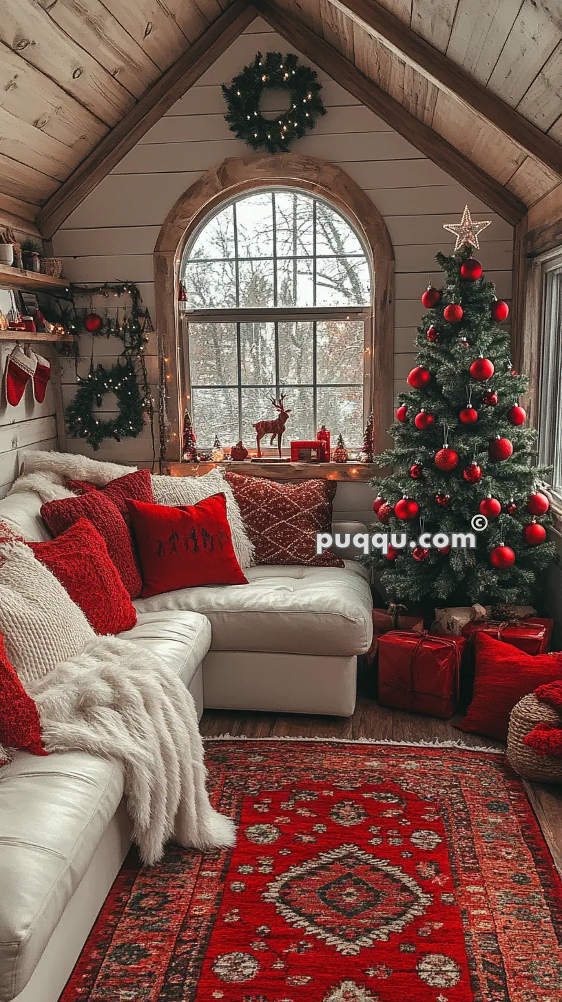 Cozy wooden attic room decorated for Christmas with a white sectional sofa, red and white cushions, a festive tree with red ornaments, a holiday wreath, and wrapped gifts.