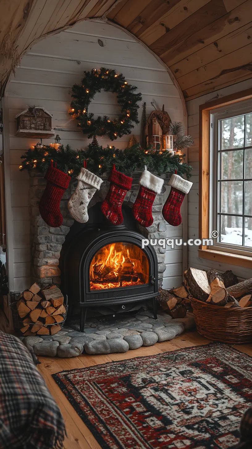 Cozy cabin interior with a wood-burning stove, festive decorations, stockings over the mantle, a wreath, and stacked firewood.