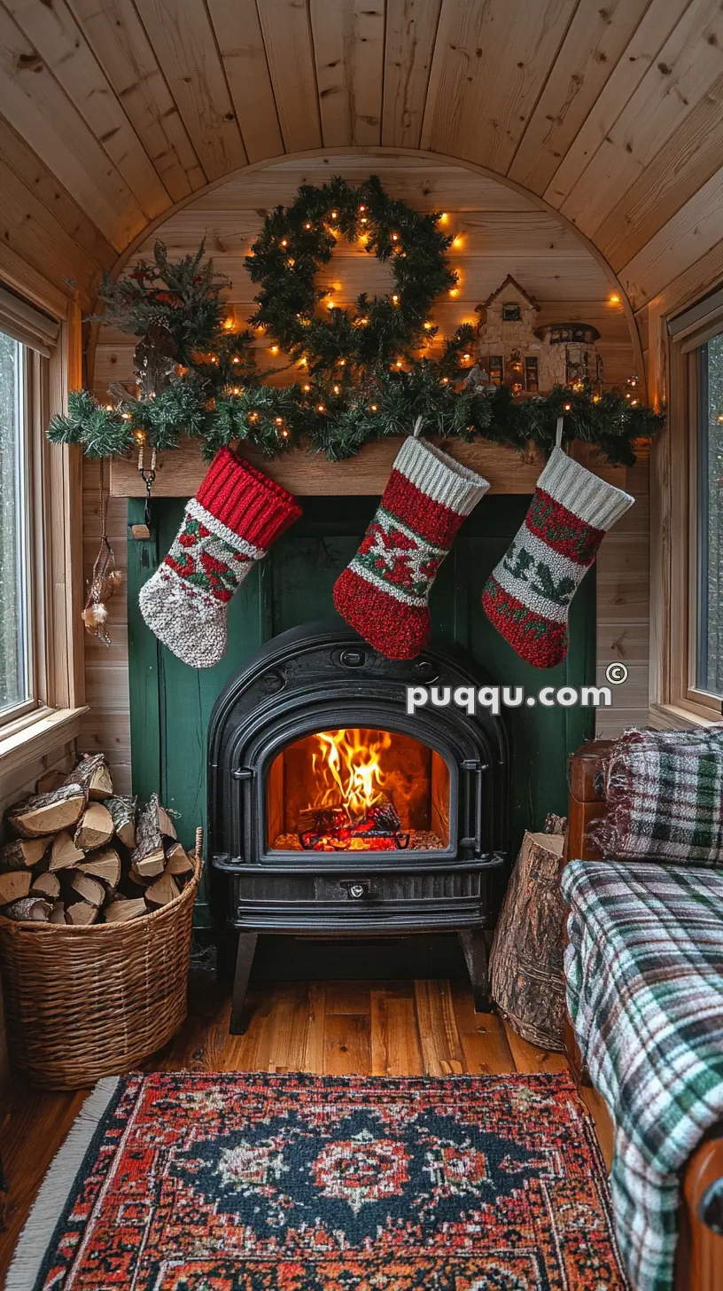 Cozy wooden room with a lit fireplace, three Christmas stockings hanging above, a wreath with fairy lights, a basket of firewood, and a patterned rug on the floor.