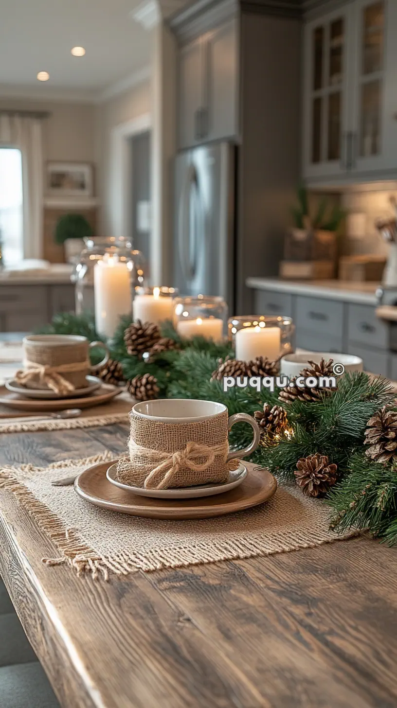 A rustic holiday table setting with mugs wrapped in burlap on wooden placemats, surrounded by pine garland, pinecones, and lit candles in a cozy kitchen.