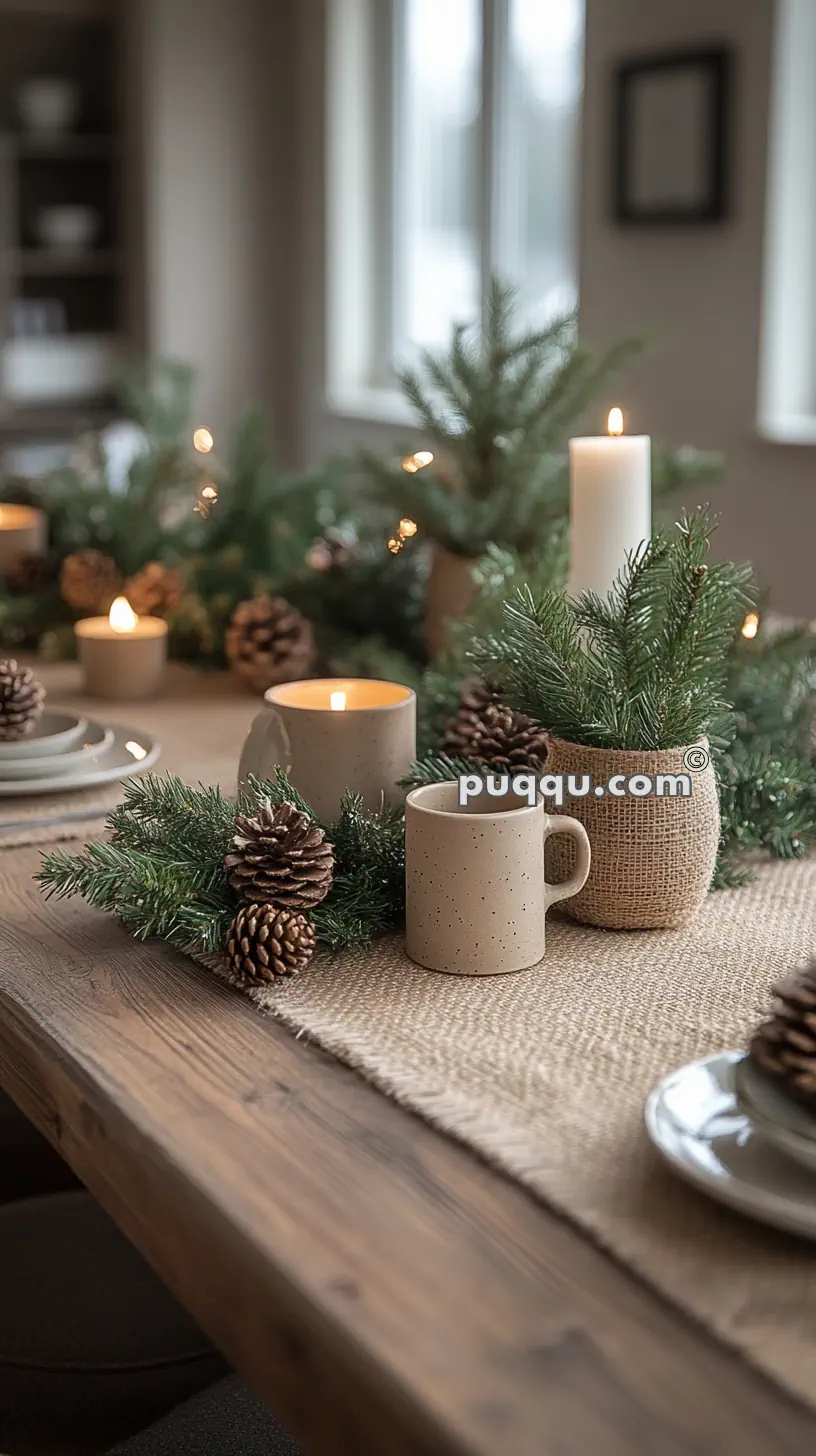 A rustic table setting with pine cones, greenery, candles, and ceramic mugs on a burlap runner.