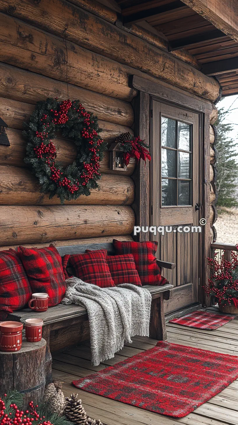 Cozy log cabin porch with a wooden bench adorned with red plaid pillows, a gray knit blanket, red mugs, and holiday decorations including a wreath with berries and pine cones.