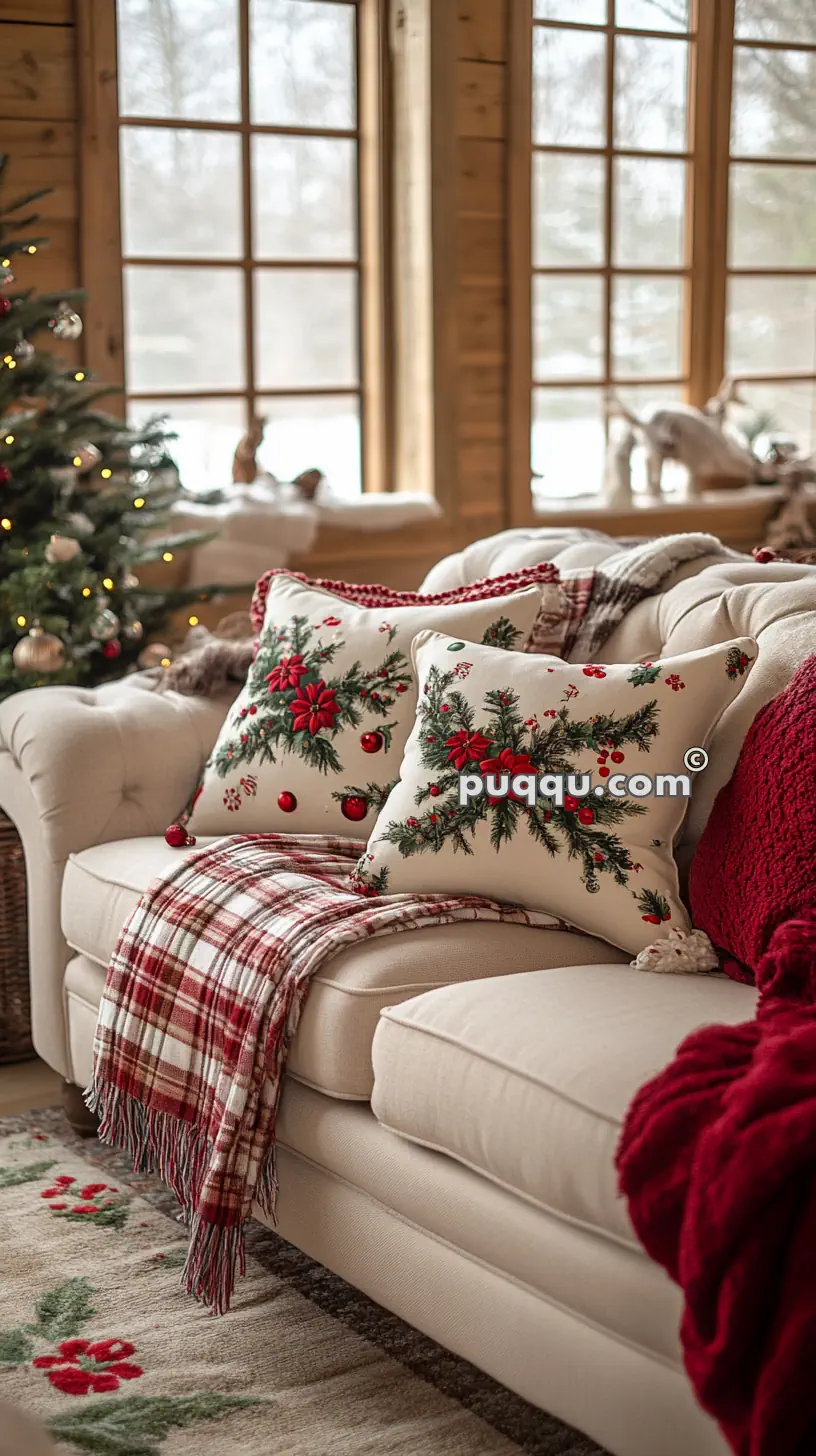 Cozy living room with festive holiday decor, featuring a sofa with plaid throw and ornamental pillows, a decorated pine tree, and a large window with outdoor view.