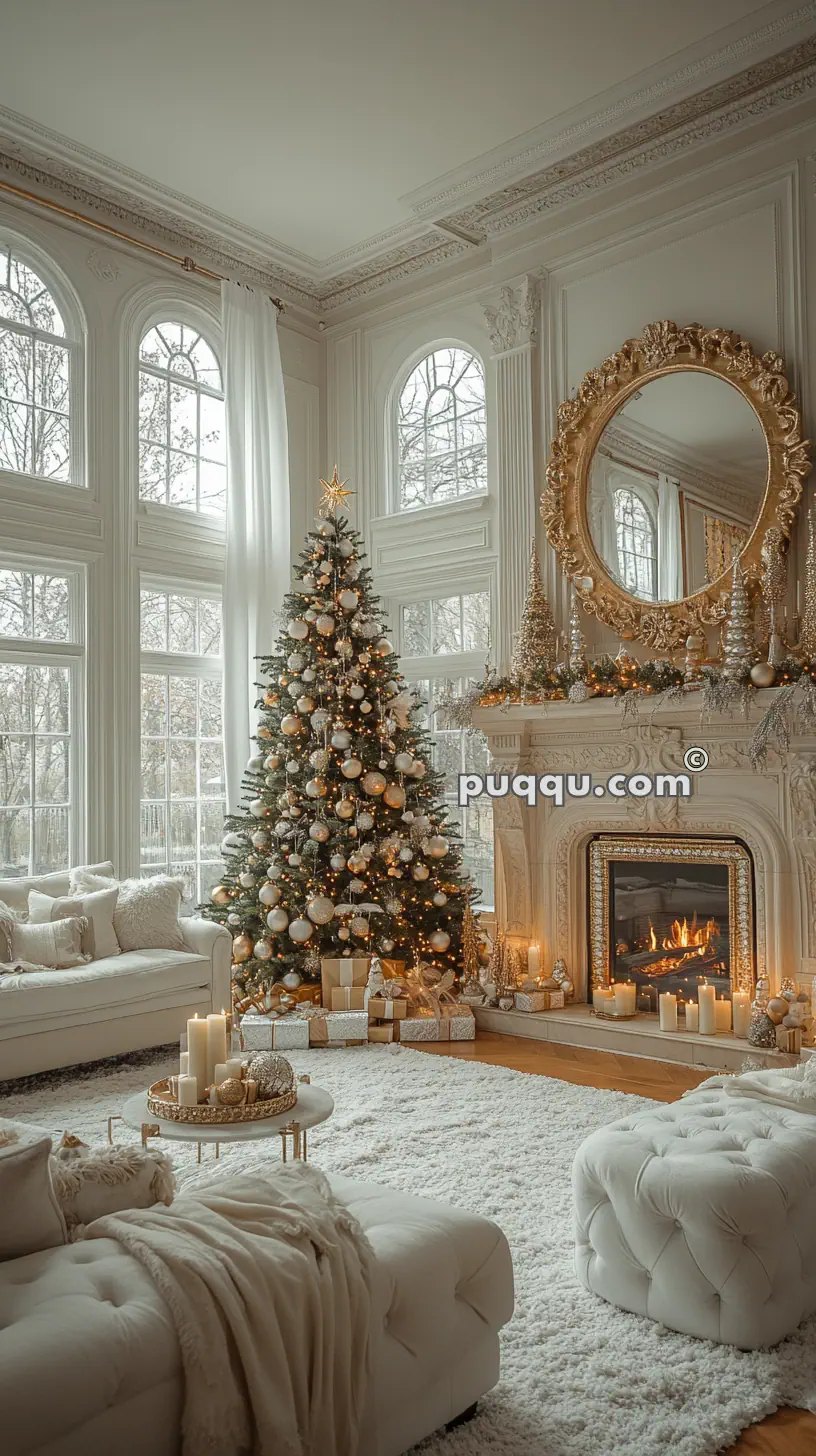 Luxurious living room with a decorated Christmas tree, a lit fireplace, large windows, and plush white furniture.