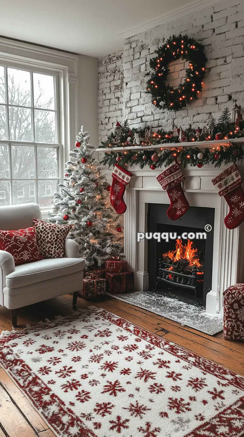 A cozy living room decorated for Christmas with a white and red theme, featuring a fireplace with stockings, a wreath, a Christmas tree, and wrapped gifts.