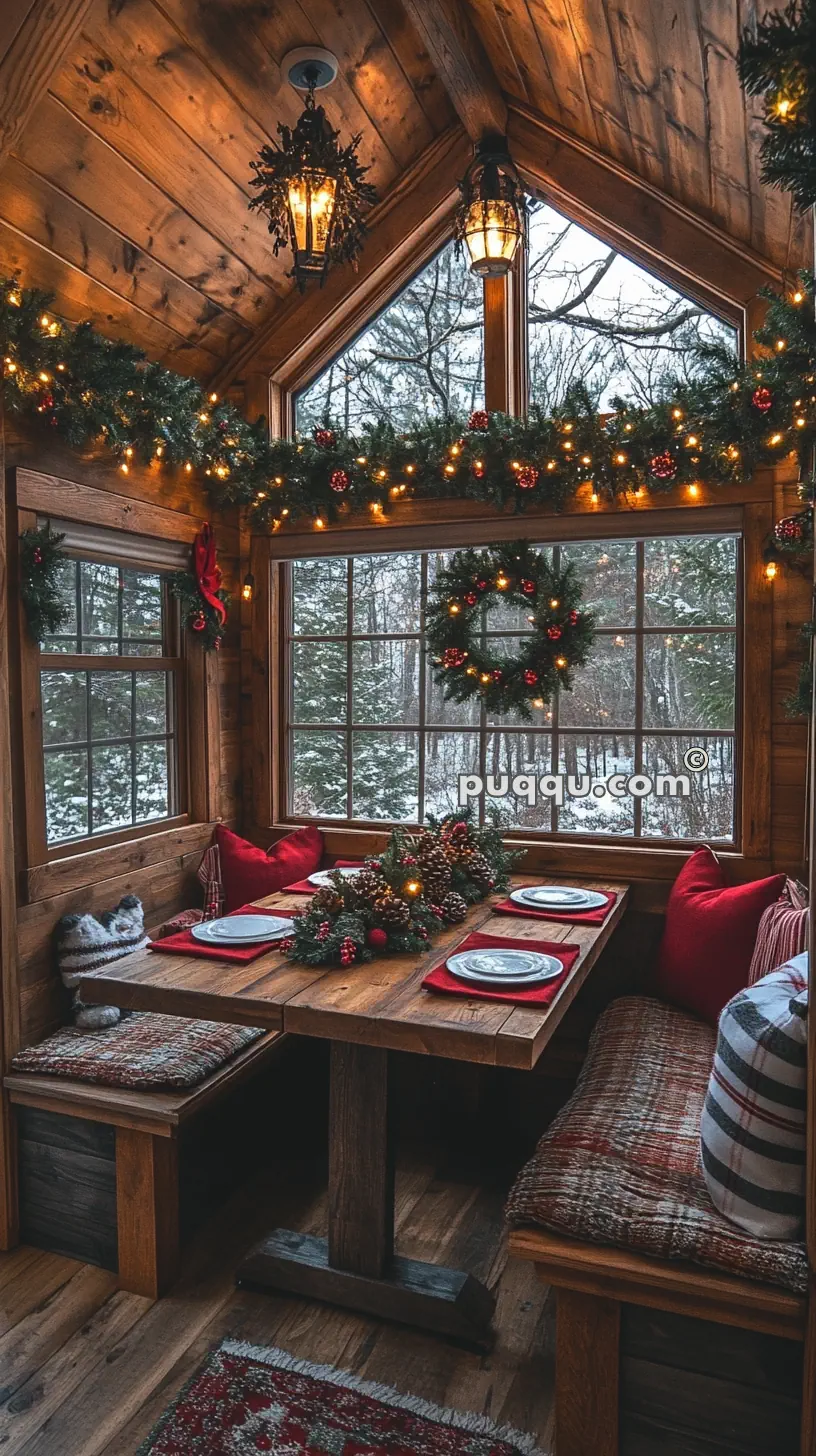 Cozy wooden dining nook decorated with festive garlands, wreaths, and fairy lights; windows reveal a snowy forest scene.