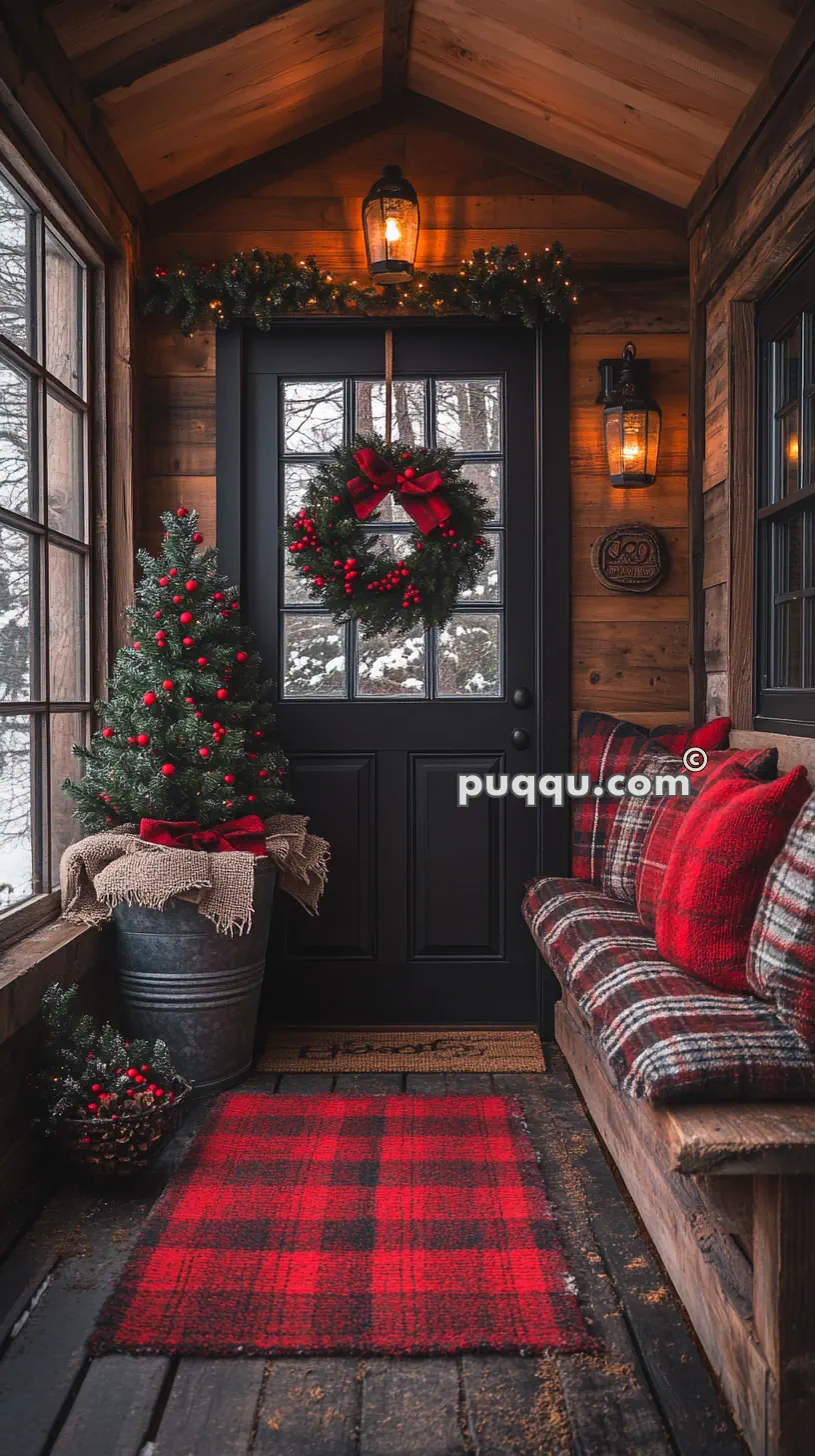 Cozy porch decorated for Christmas with a small tree, wreath on the door, plaid blanket and cushions, and red rug.