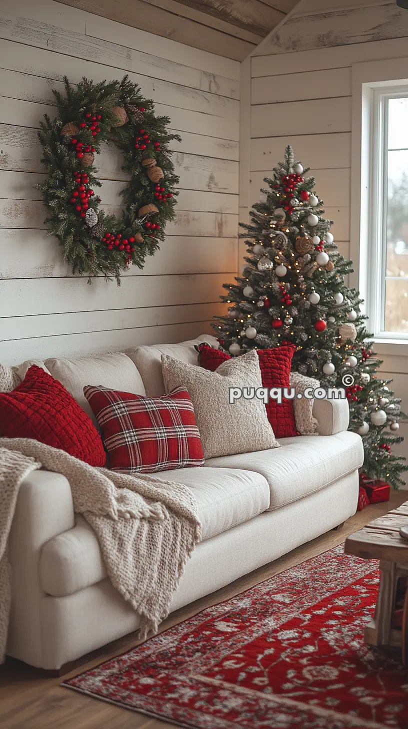 Cozy living room with Christmas decorations including a wreath, tree, red and plaid pillows on a white couch, and a red patterned rug.