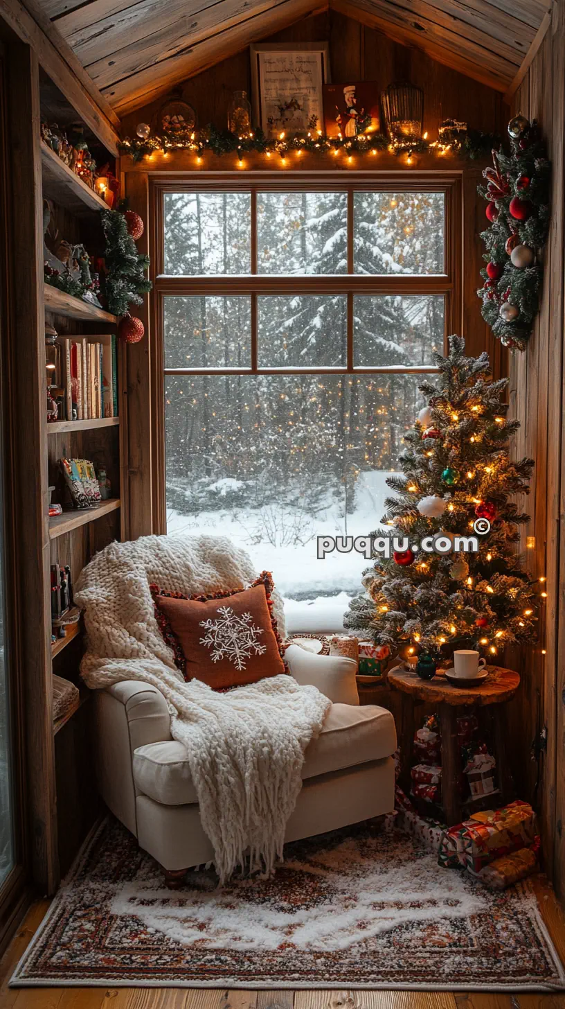 Cozy corner with an armchair, snowflake pillow, knitted throw, small decorated Christmas tree, bookshelves, and snow-covered window.