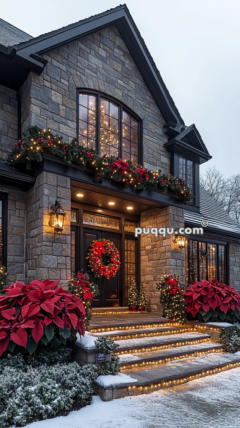 A stone house decorated with Christmas lights, a wreath on the door, and red poinsettias, with snow covering the ground.