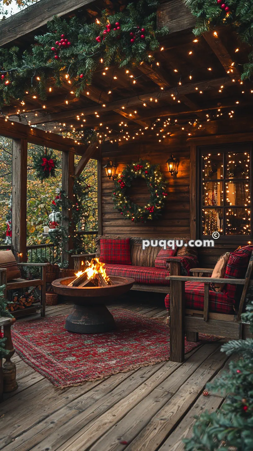 Cozy outdoor porch with Christmas decorations, including a lighted wreath, string lights, and a fire pit, surrounded by wooden furniture with red plaid cushions.