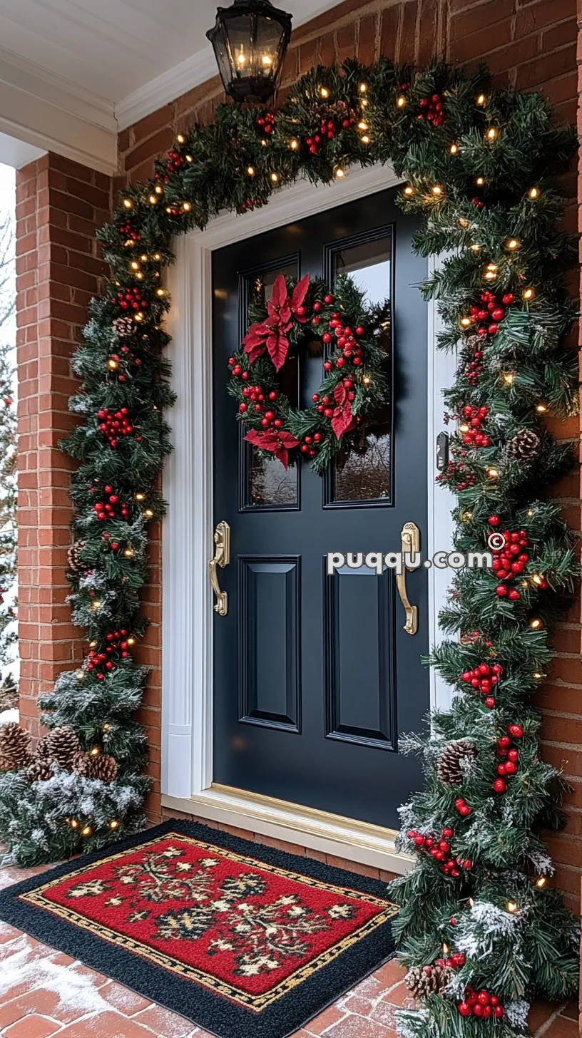 Front door decorated with a Christmas wreath and garland adorned with red berries and lights, flanked by brick walls, with a festive doormat on the porch.