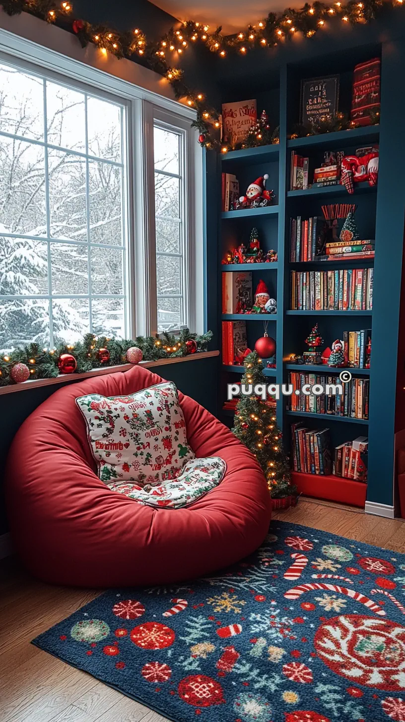 Cozy Christmas-themed reading nook with a large red bean bag chair, festive pillows, decorated bookshelves, and garlands with lights near a snowy window.