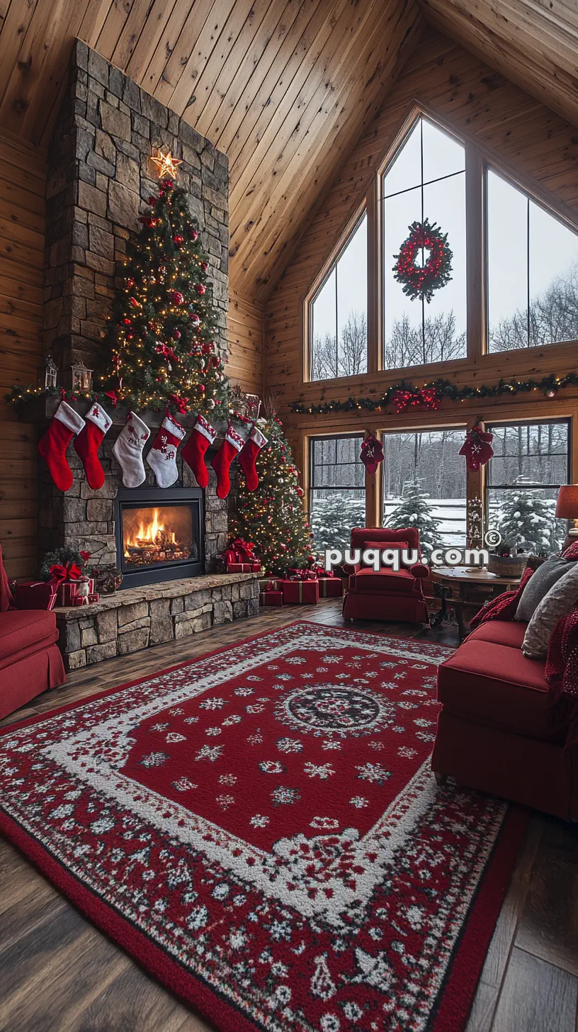 A cozy living room decorated for Christmas with a large tree, stockings on a stone fireplace, and snowy landscape visible through tall windows.