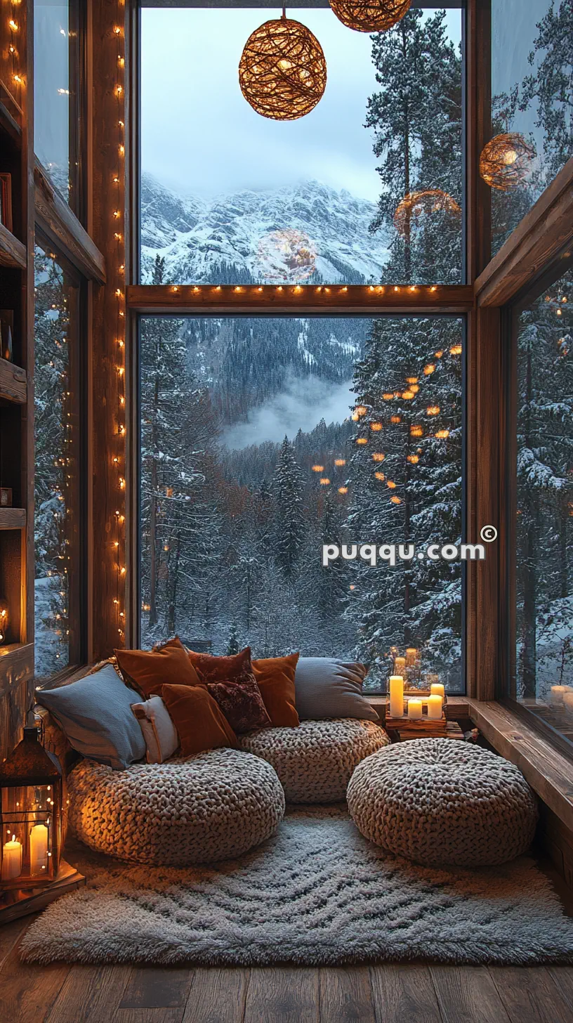 Cozy room with cushions and candles by large windows overlooking a snowy mountain landscape.