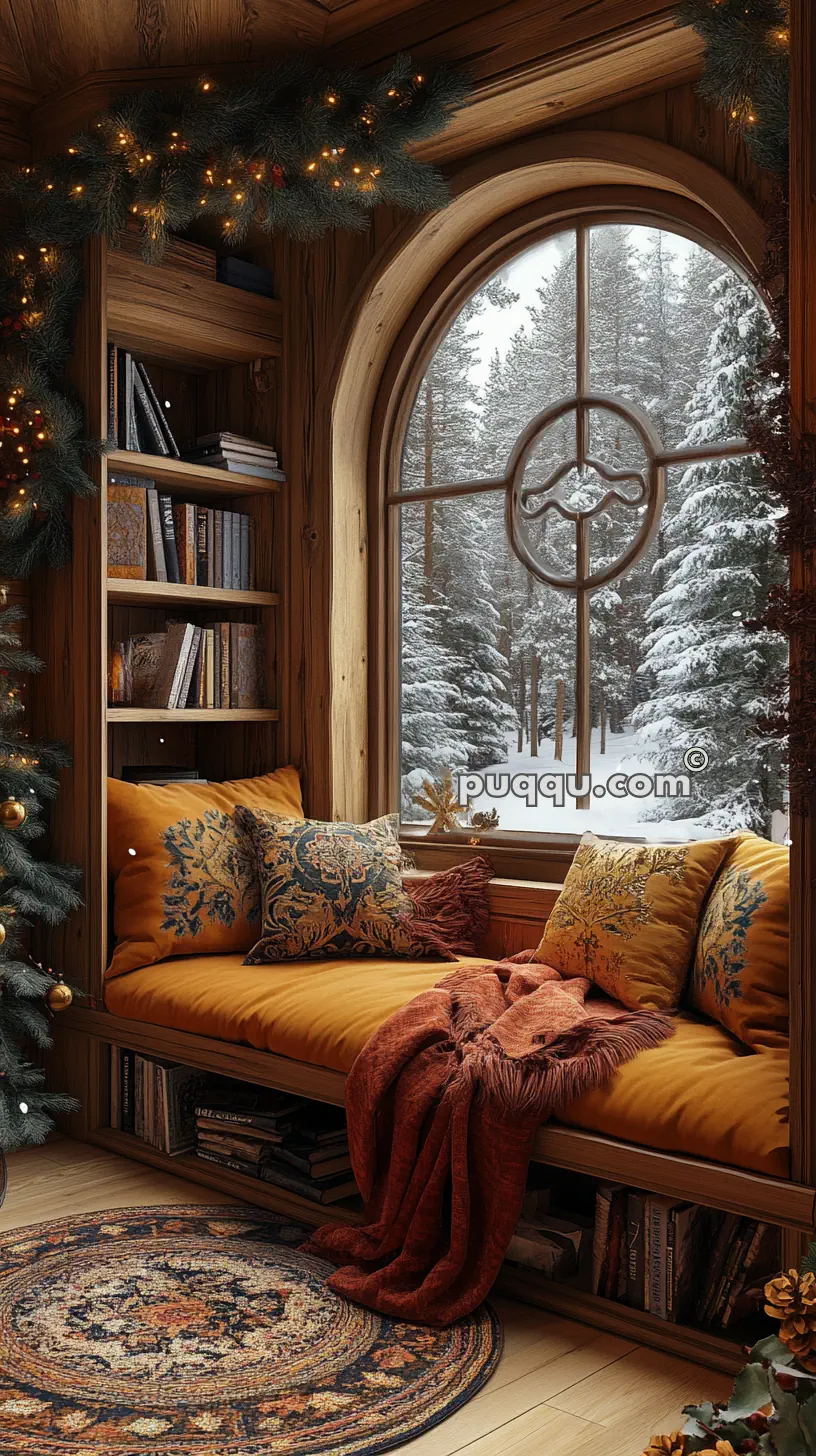 Cozy wooden reading nook with a cushioned seat and decorative pillows by a large arched window, featuring a snowy forest view and surrounded by festive garlands and books.