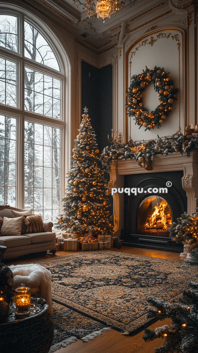 Elegant living room with a decorated Christmas tree and a lit fireplace, adorned with garlands and a wreath; large window showing a snowy scene outside.