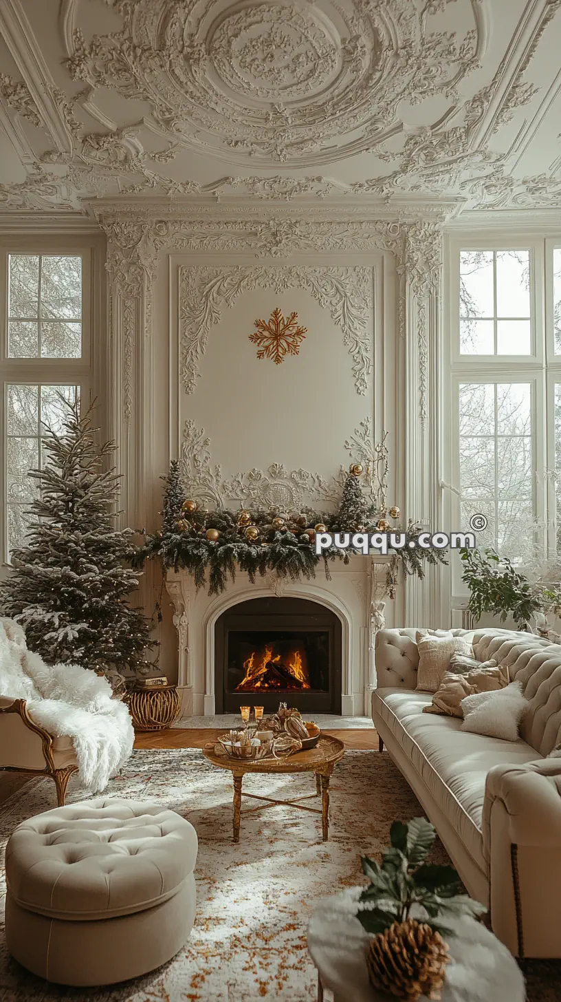 Elegant living room with ornate ceiling, Christmas decorations, a fireplace, and luxurious furniture.