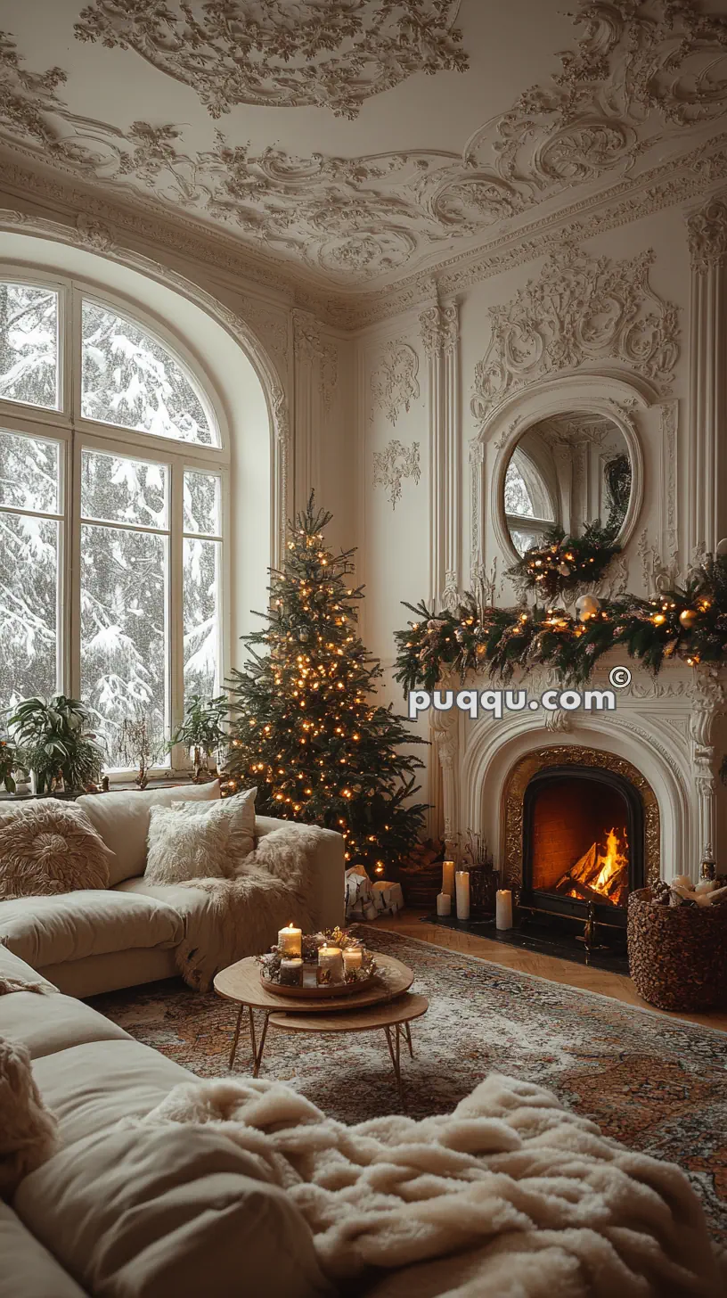 Elegant living room with ornate ceiling, decorated for Christmas with a lit tree, candles, and a cozy fireplace; large window shows snowy scenery outside.