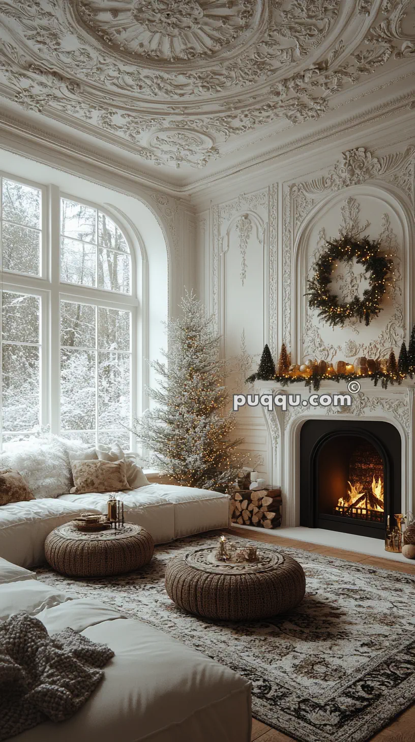 Elegant living room with ornate ceiling, large windows, a decorated Christmas tree, and a lit fireplace adorned with garlands and a wreath.