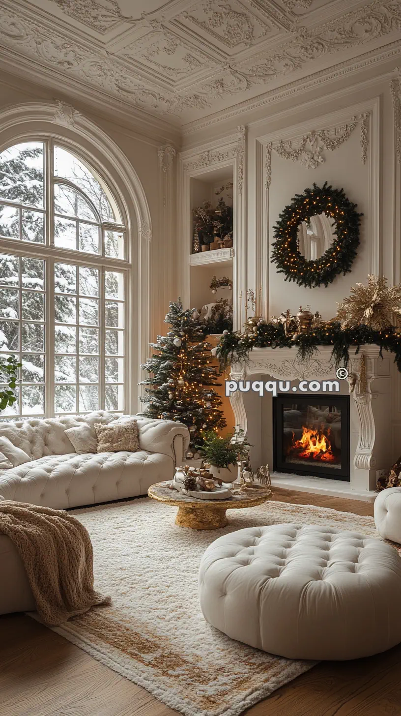 Elegant living room with a cozy fireplace, Christmas tree, wreath, plush white furniture, and large windows showing a snowy scene outside.