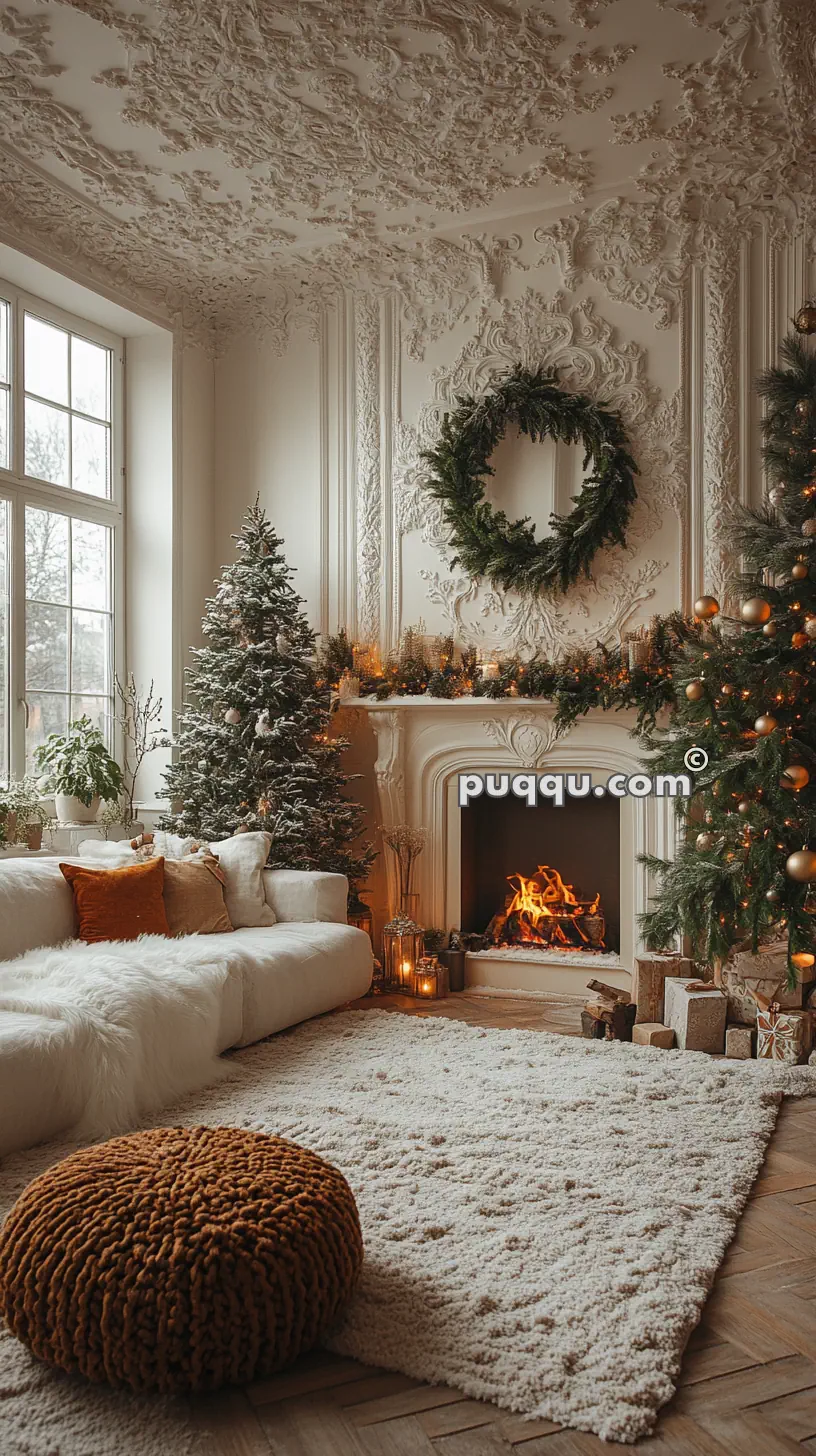 Luxuriously decorated living room with a Christmas theme, featuring a fireplace, wreaths, Christmas trees, and cozy furnishings.