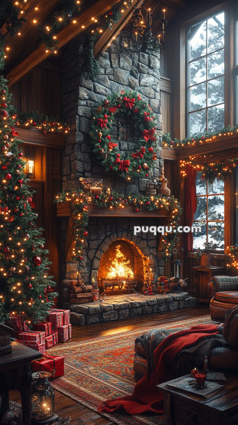 Cozy living room with a stone fireplace, Christmas decorations, tree with lights, and wrapped gifts.