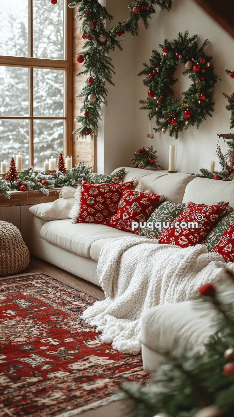 Cozy living room decorated for Christmas with red and green cushions, festive garlands, wreaths, and a snowy window view.