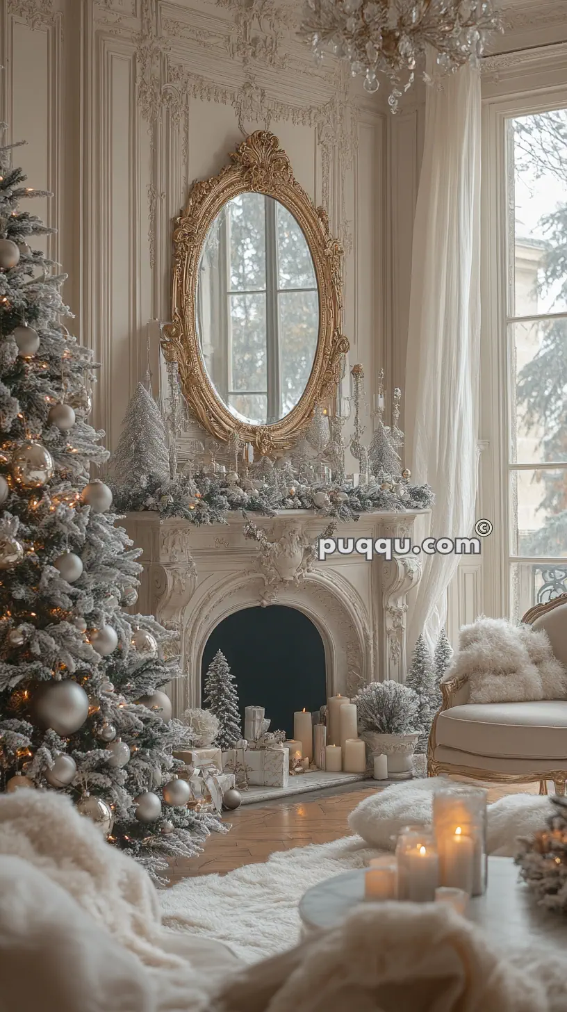 Elegant living room with a decorated Christmas tree, a grand mirror above a fireplace, and candles on a mantel, featuring intricate moldings and large windows.