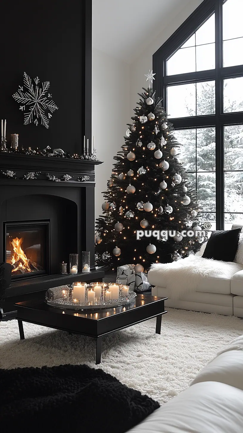 A modern living room with a black and white Christmas theme, featuring a decorated tree, lit fireplace, and candles on a black coffee table.