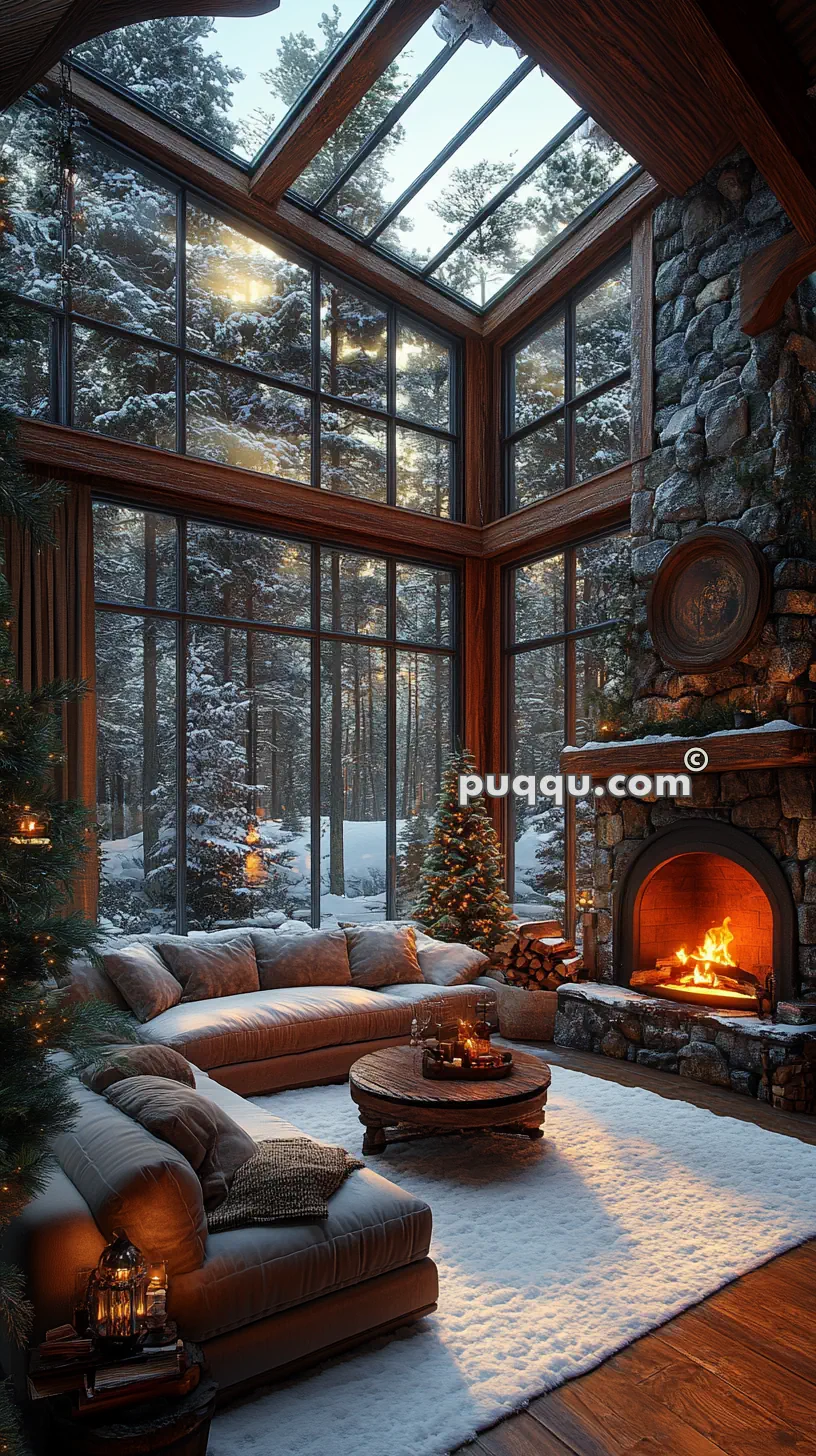 Cozy living room with a large window view of a snowy forest, featuring a stone fireplace, plush sectional sofa, and festive decorations.