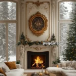 Ornate living room with a lit fireplace, large windows showing a snowy landscape, and richly detailed ceiling and wall molding.