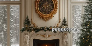 Ornate living room with a lit fireplace, large windows showing a snowy landscape, and richly detailed ceiling and wall molding.