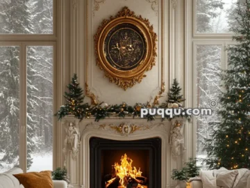 Ornate living room with a lit fireplace, large windows showing a snowy landscape, and richly detailed ceiling and wall molding.