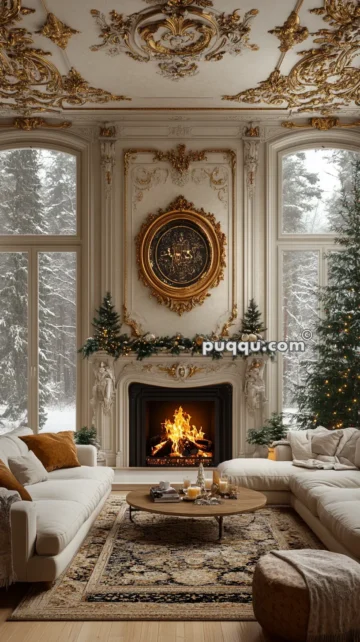 Ornate living room with a lit fireplace, large windows showing a snowy landscape, and richly detailed ceiling and wall molding.