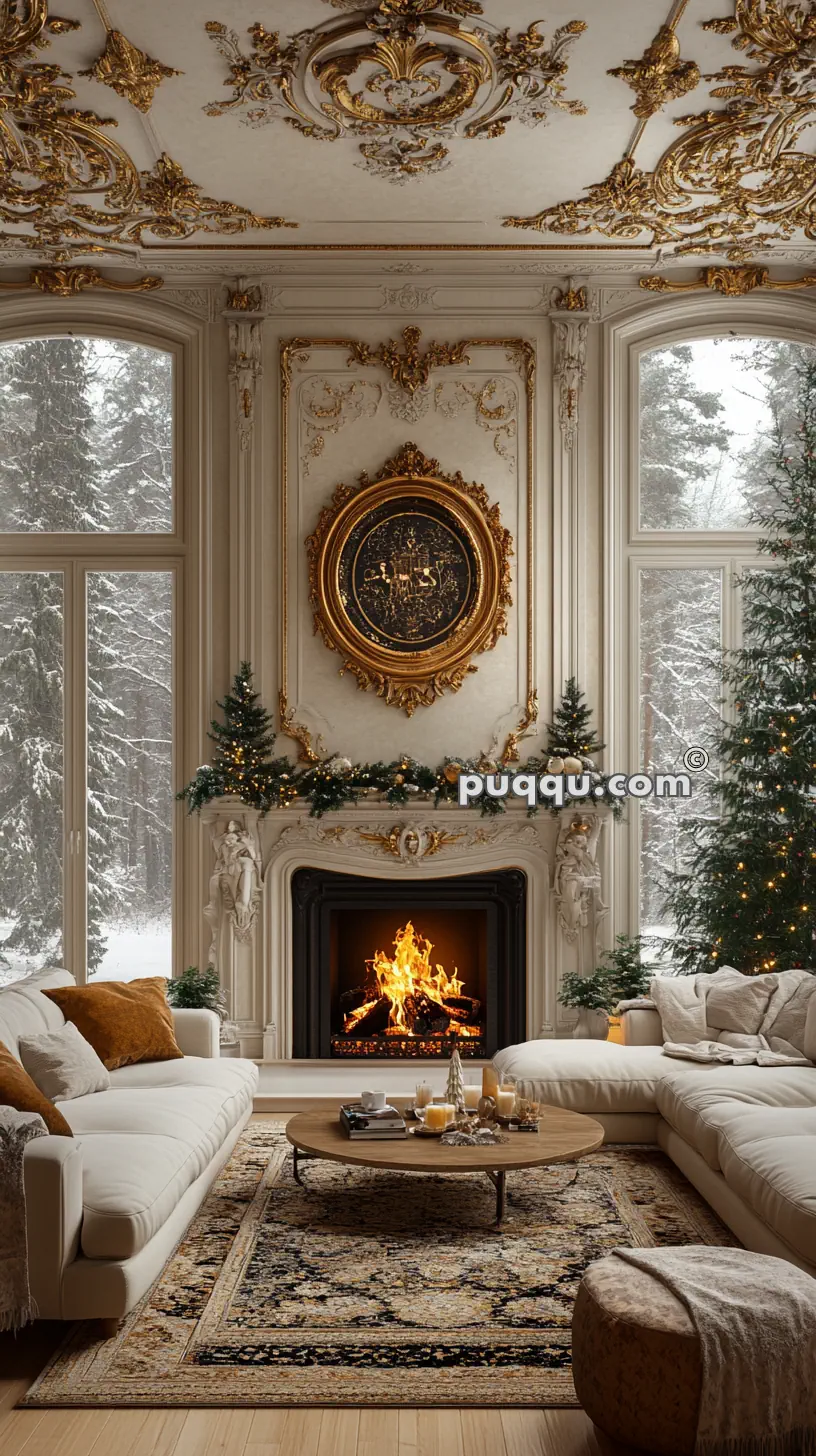 Ornate living room with a lit fireplace, large windows showing a snowy landscape, and richly detailed ceiling and wall molding.