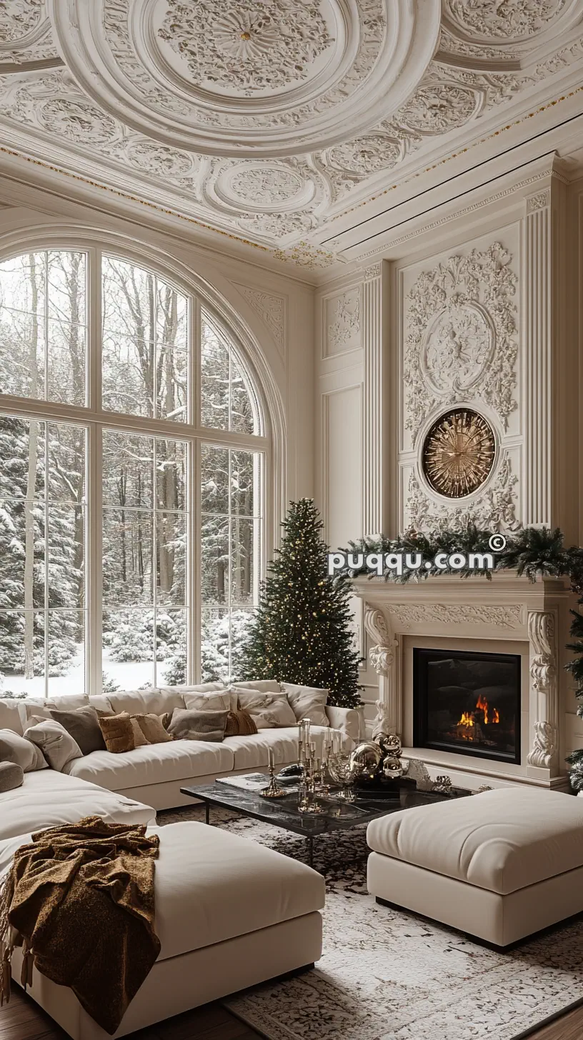 Luxurious living room with ornate ceiling, tall arched window view of snowy forest, decorated Christmas tree, elegant fireplace, and plush furnishings.