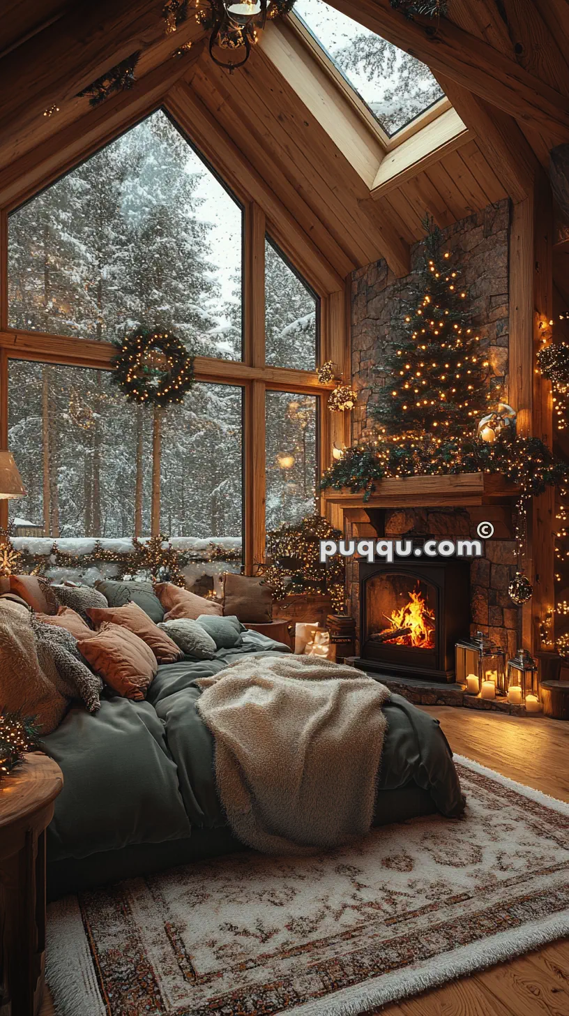 Cozy bedroom with large windows, decorated for winter with a Christmas tree, garlands, and a lit fireplace. Snowy forest visible outside.