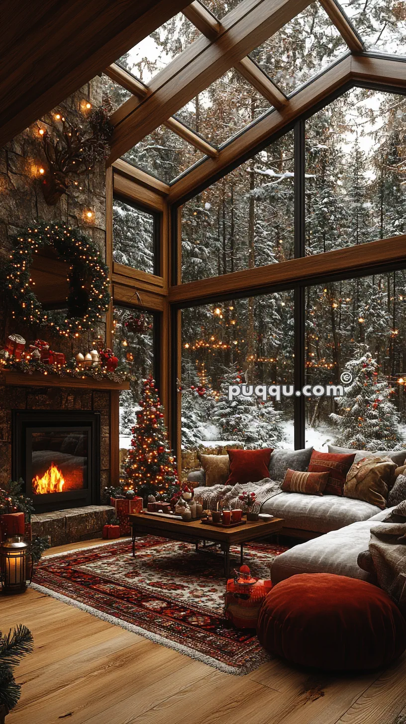 Cozy living room with Christmas decorations, featuring a fireplace, a decorated tree, and large windows overlooking a snowy forest.