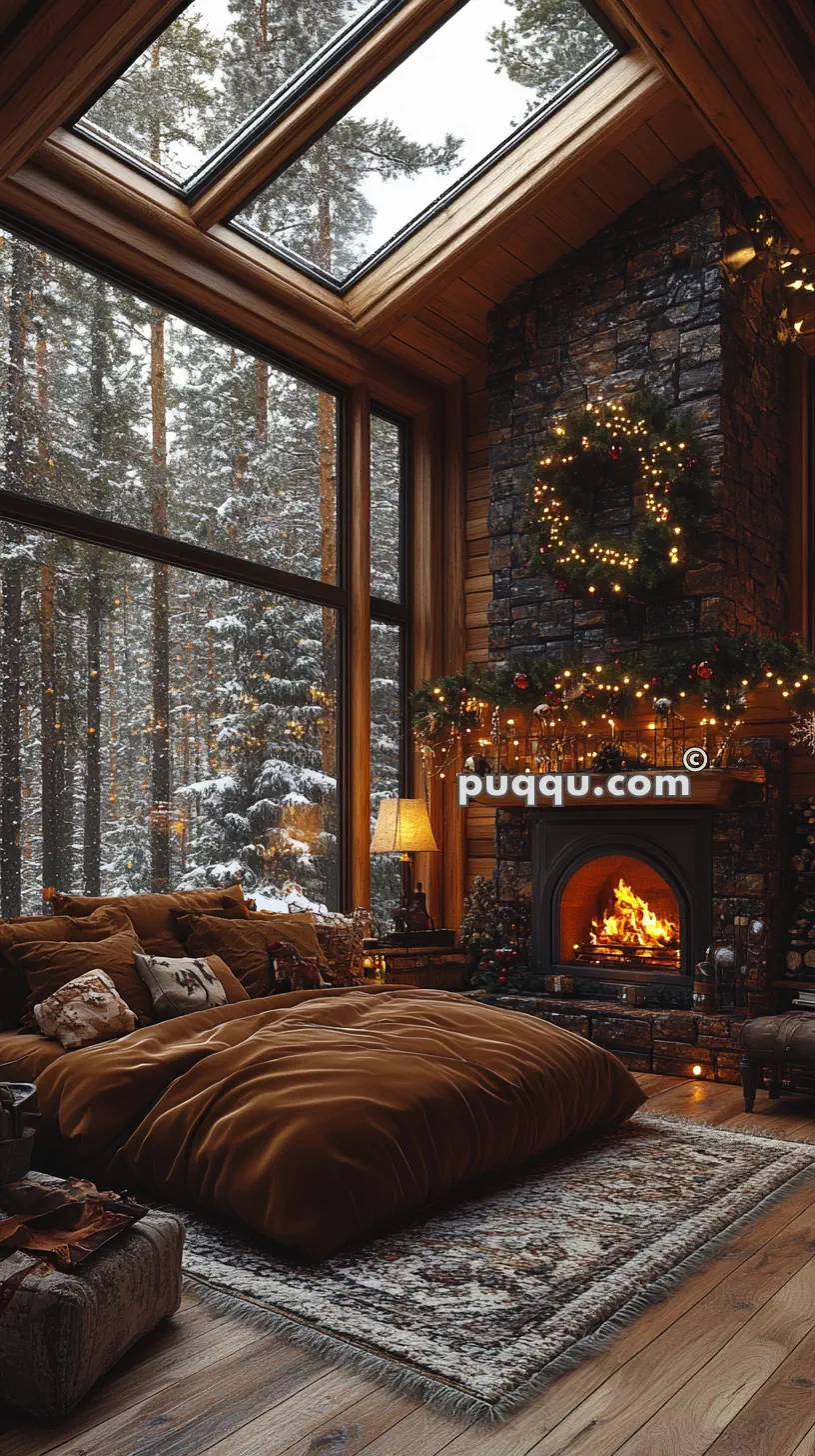 Cozy cabin interior with a lit fireplace, large windows showing a snowy forest, and a bed covered with plush blankets.