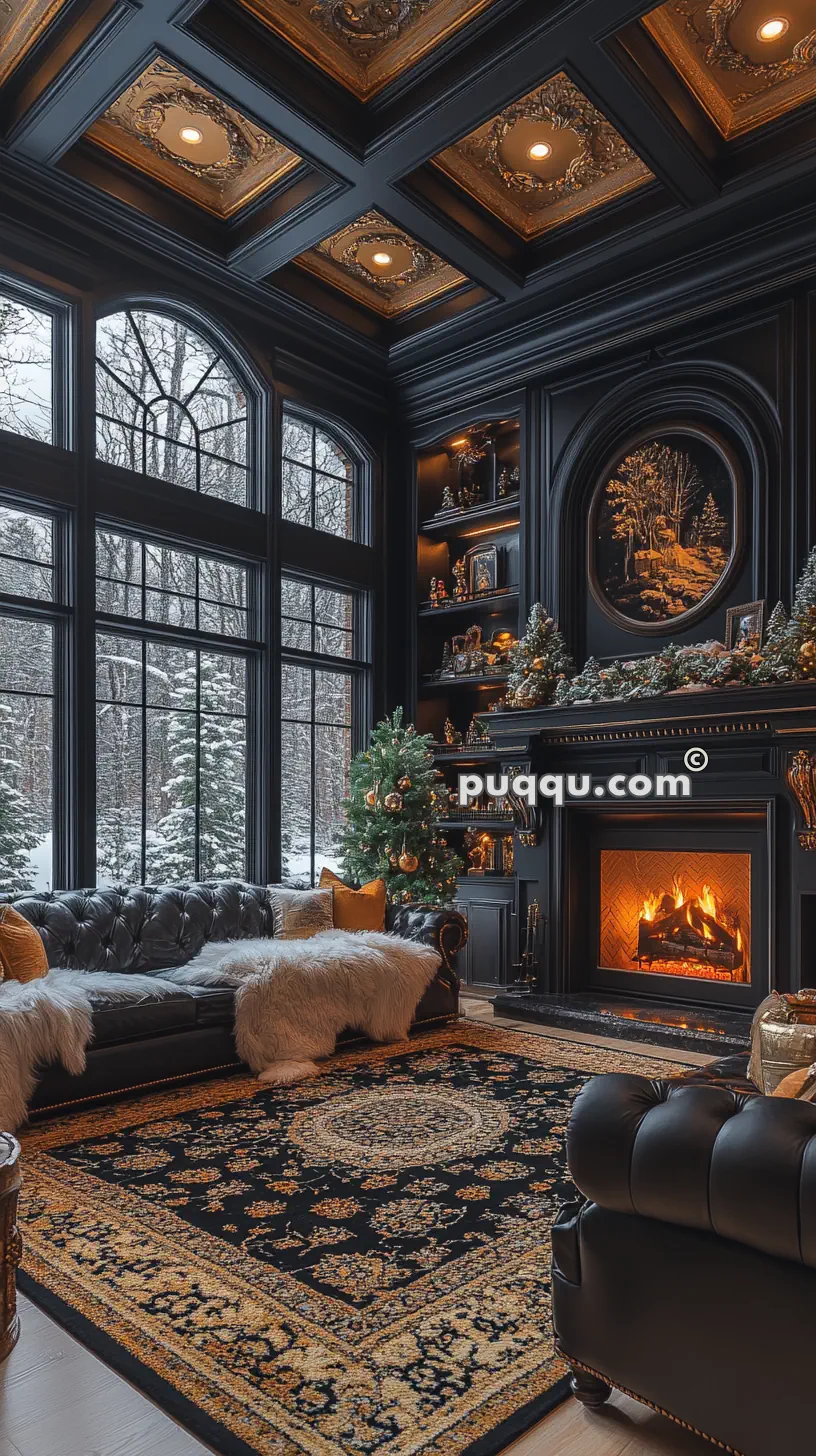 Elegant living room with large windows showing a snowy forest, featuring a black fireplace, a decorated Christmas tree, dark leather furniture, and a patterned rug.