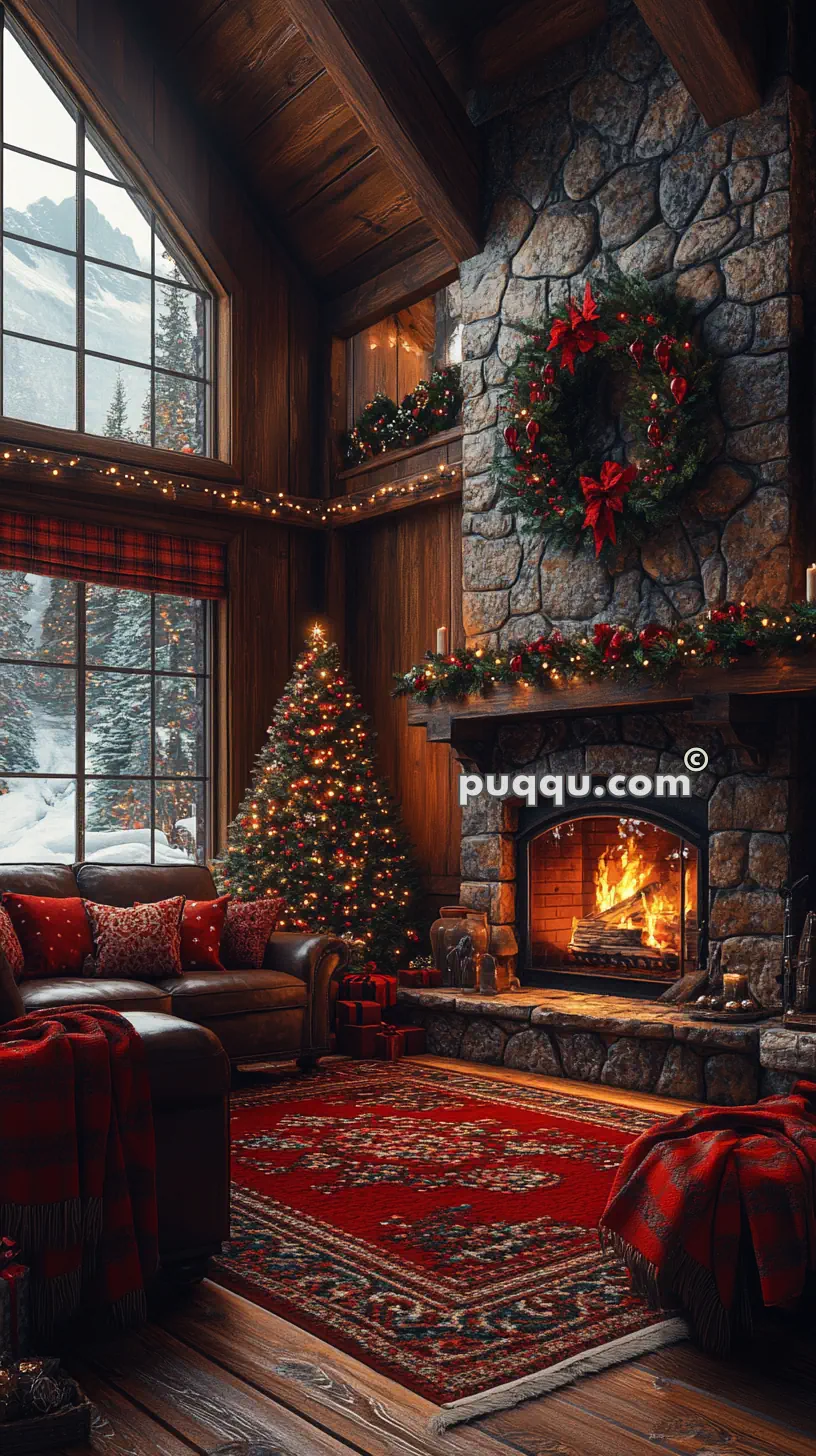 Cozy cabin interior with a stone fireplace, decorated Christmas tree, and wreath, featuring warm lighting and a view of snow-capped mountains through large windows.