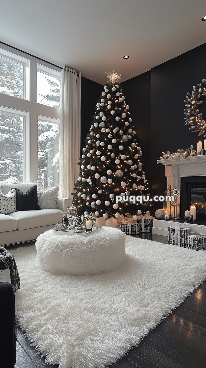 Modern living room with a tall, decorated Christmas tree beside a fireplace, featuring a fluffy white rug and cozy seating; large windows display a snowy outdoor scene.