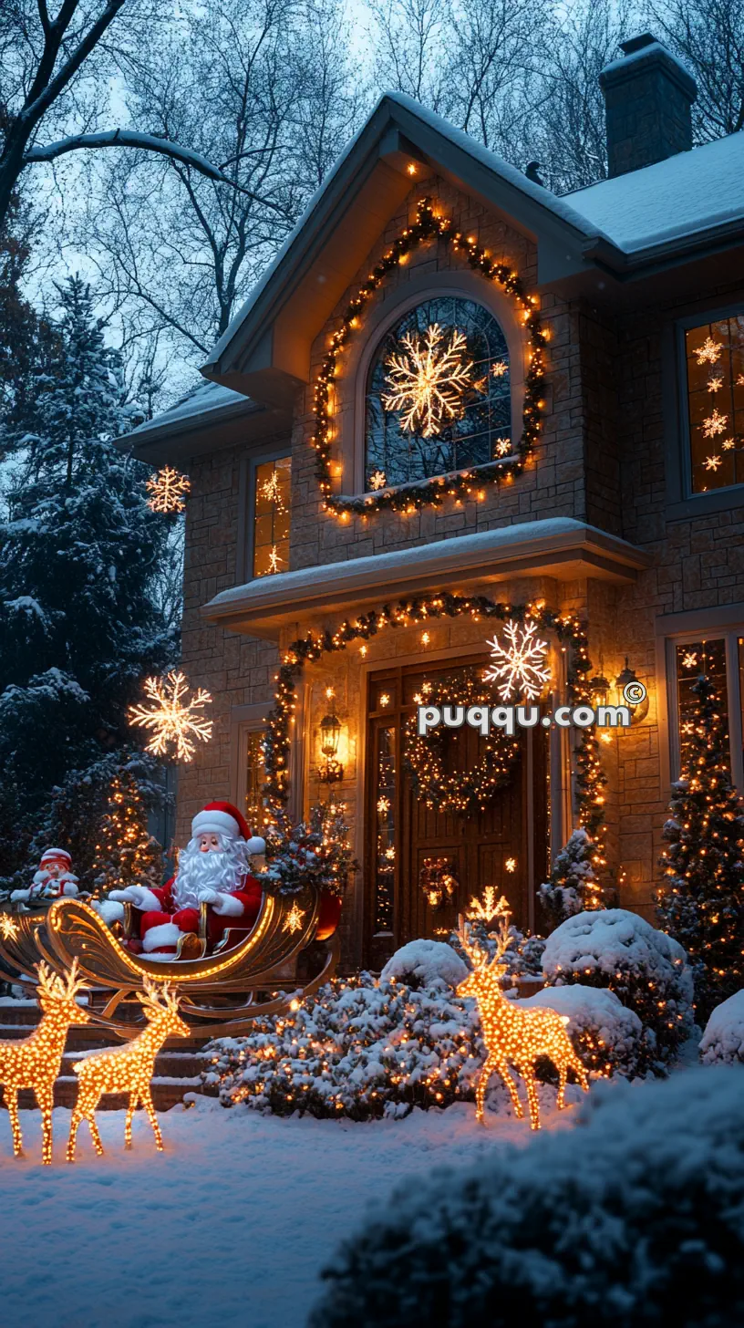 A snow-covered house decorated with Christmas lights, featuring a Santa Claus figure in a sleigh and illuminated reindeer in the front yard.