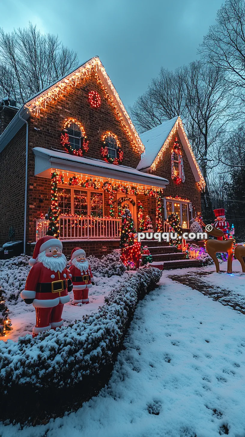 A house decorated with colorful Christmas lights, featuring Santa Claus and reindeer figures, surrounded by snow.